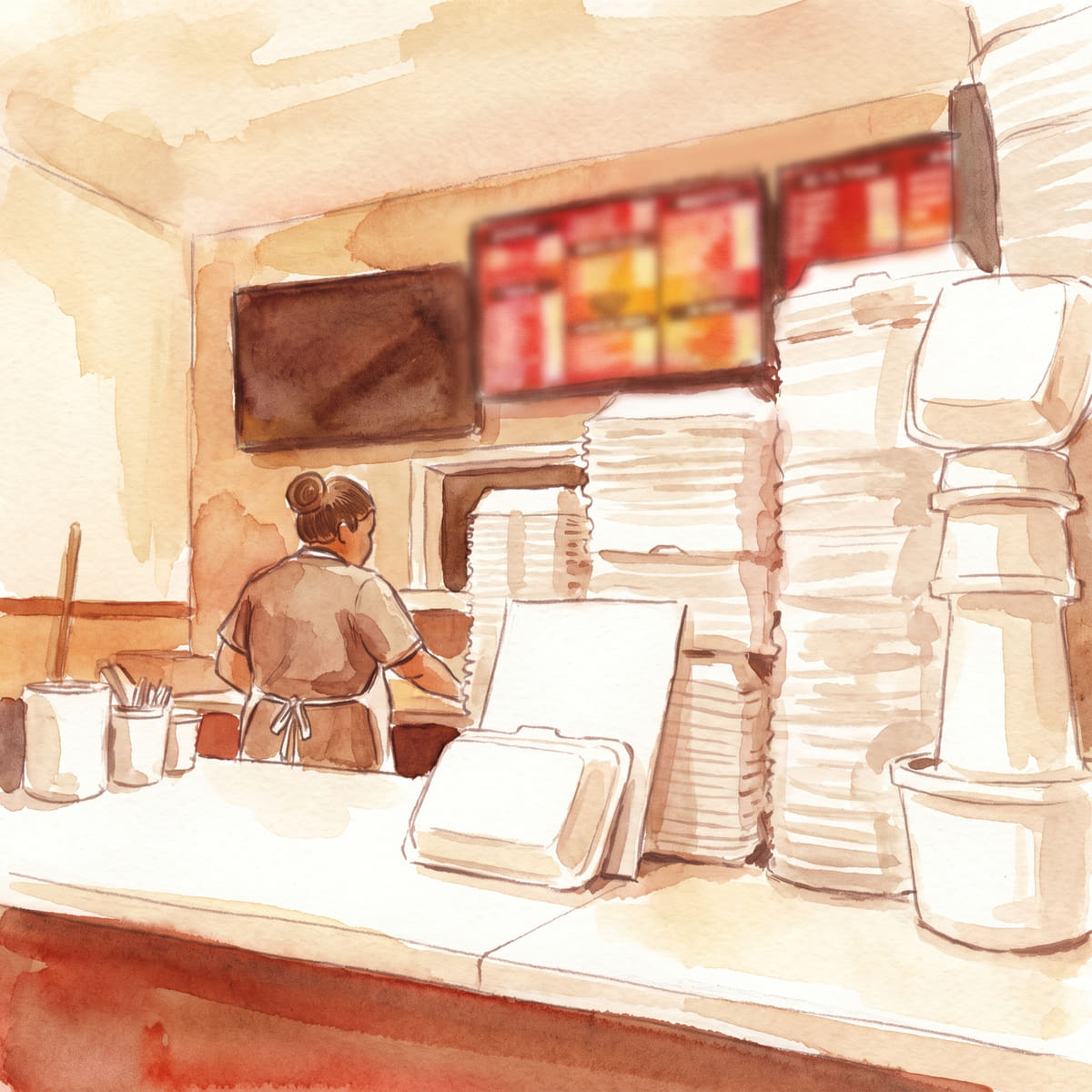 View from behind a takeout counter: stacked white boxes and round containers, a worker in an apron facing the kitchen, red menu boards on the wall.