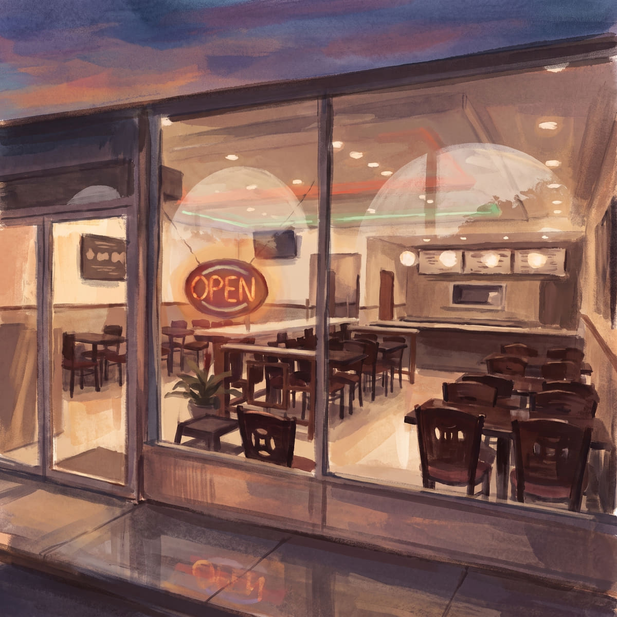 Watercolor of a Chinese-American restaurant storefront at dusk. Through the glass: empty tables, a neon OPEN sign, and a lit menu board.